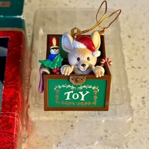 1990's Vintage Mouse In A Toy Chest Ornament Christmas Collectible with Box